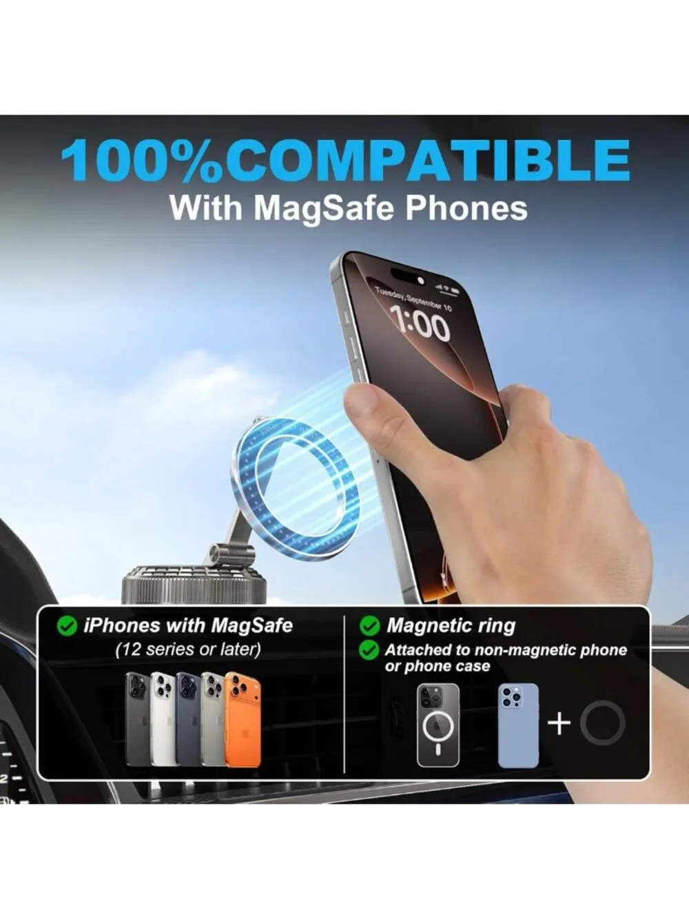 360° Adjustable Magnetic Car Phone Holder, Suction Cup Mount for iPhone